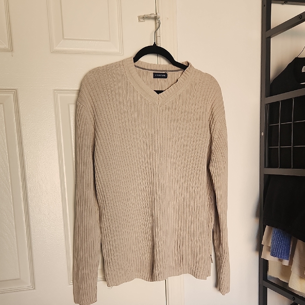 Structure Mens Vintage V Neck Ribbed Tan Sweater M/L